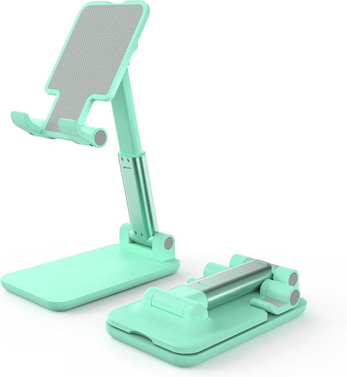 Cell Phone Stand, Adjustable Angle and Height Cell Phone Holder for Desk, Foldable and Portable, Anti-Slip Silicone Pad, Compatible with All Mobile Phones and 4-8 Inch Devices, Green