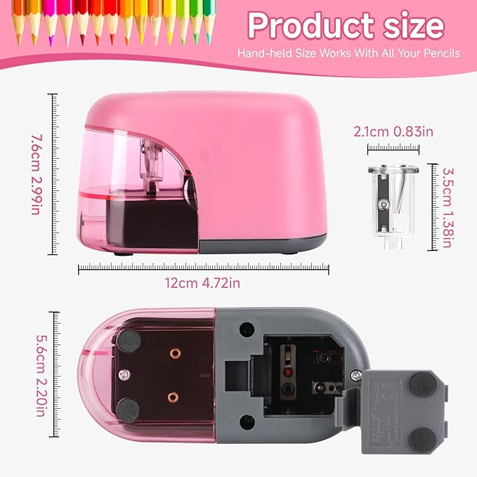 Battery-Operated Electric Pencil Sharpener with LED Light – Compact & Portable Pencil Sharpener for Home, School, or Office Use (Pink)