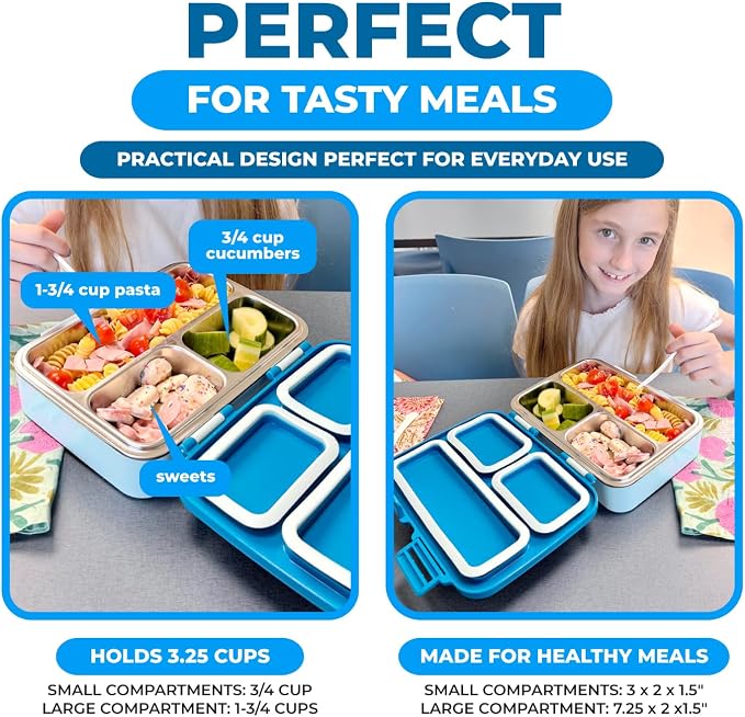 kinsho Stainless Steel Bento Box Lunch Container for Boys Kids, Blue | Heavy Duty, Removable Metal Tray with Silicone Seals, Reuseable Meal or Snack Container for School 790 mL