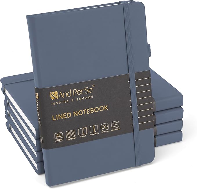 &And Per Se Lined Notebooks Bulk 5-Pack, A5 Hardcover Journal, 160 Pages 100gsm Thick Paper, Classroom Supplies for Students, Teachers, College Ruled Notebooks for School Office (Dark Blue)