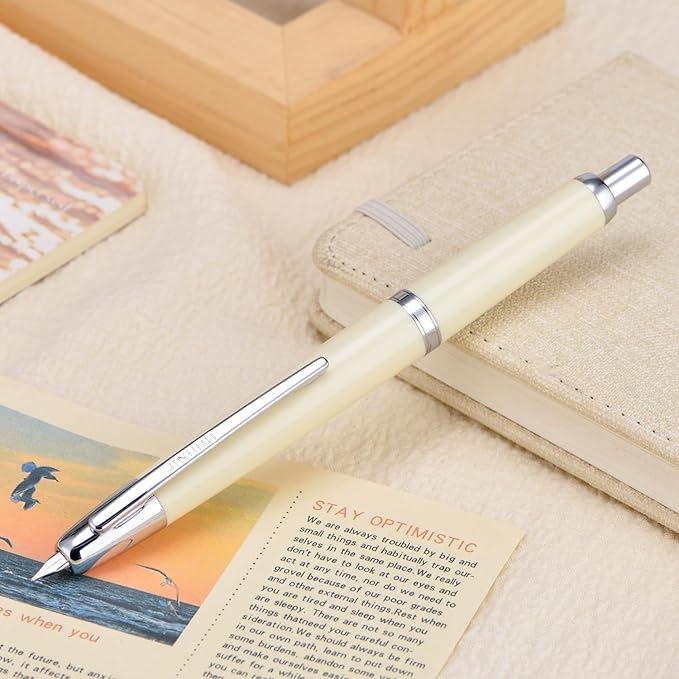 Jinhao 20 Press Fountain Pen, Ivory White Retractable Extra Fine Nib with Ink Converter Set (Silver Clip)