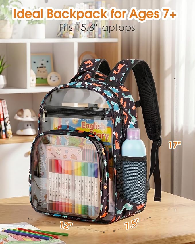 Soimeat Clear Backpack for Girls - Large Kids Clear Bookbag - Fabric & PVC Transparent Backpacks for Elementary School, Black Dinosaur