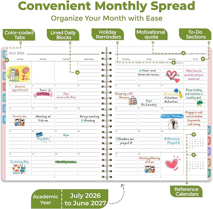 Vinspire 2026 Planner - Yearly, Monthly, and Weekly Planner 2026-2027 for Teachers & Students - Spiral US Academic Year Student Calendar Planners with Notes Pages 2026 Planner Weekly and Monthly - Small (Pink, 6.3“×8.4”)