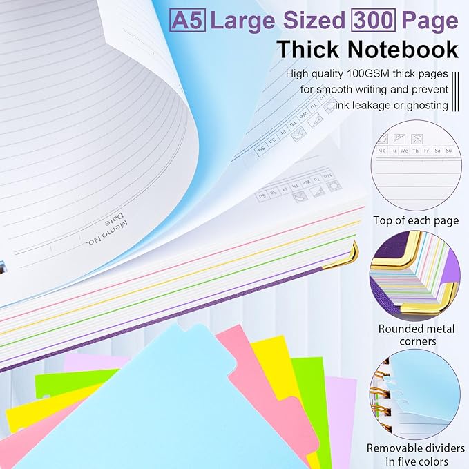 Hardcover Spiral Notebook 6.2"x 8.2" Journal Notebook with Tabs and Removable Dividers 300 Pages 5 Subject Notebook College Ruled, Faux Leather Spiral Bound Notebook for Women School Work (Purple)