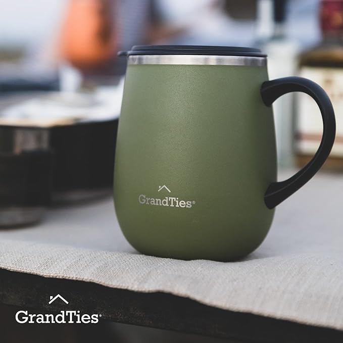 GRANDTIES Insulated Coffee Mug with Handle - Sliding Lid for Splash-Proof 16oz Wine-Glass Shape Thermal Tumbler with Double Walled Vacuum Stainless Steel to Keeps Beverages Hot or Cold-Olive Green