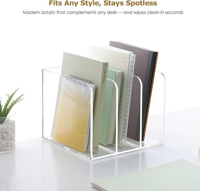 SANRUI Clear Acrylic File Organizer - 3 Compartments Magazine Holder, Vertical File Sorter for Home Office/Classroom/Dorm, Non-Slip Desk File Rack, No Assembly Required, B5 Size