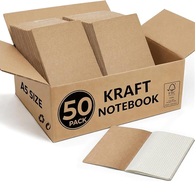 50 Pack Kraft Notebooks Bulk A5, 60 Pages Grid Graph Paper Journals, 8.3x5.5 Inches, Natural Kraft Cover Composition Notebooks for School Office Students Artists
