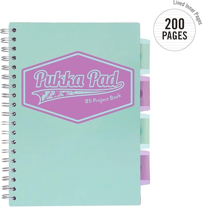 Pukka Pad 5 Subject Spiral Notebook 3-Pack - 200 Pages, 100 Sheets of 80GSM Paper with Repositionable Dividers & Perforated Edges for School & Office Planning & Organization - B5-7 X 10, Pastel