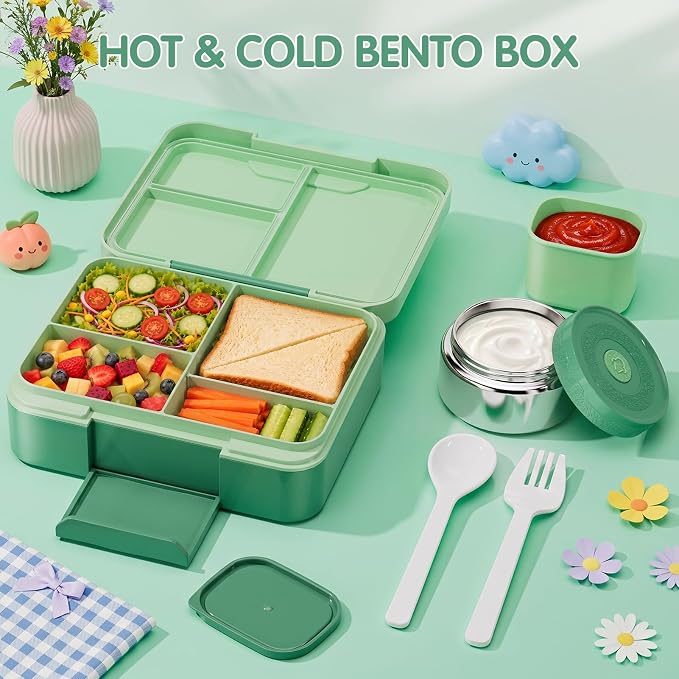 HOMETALL Bento Box for Kids with 8.5oz Insulated Food Jar - Leakproof Bento Lunch Box Kids Lunch Bag Set for Back to School Ages 3 to 14, Lunchbox Snack Containers Reusable On-the-Go Meal Prep,Green