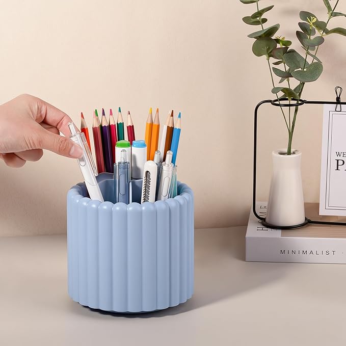 Anyoifax 360° Rotating Pen Holder 7 Slots Desk Organizer Removable Pencil Cup Plastic Art Supplies and Accessories Desktop Storage Box Caddy for Office, School, Home (Blue)
