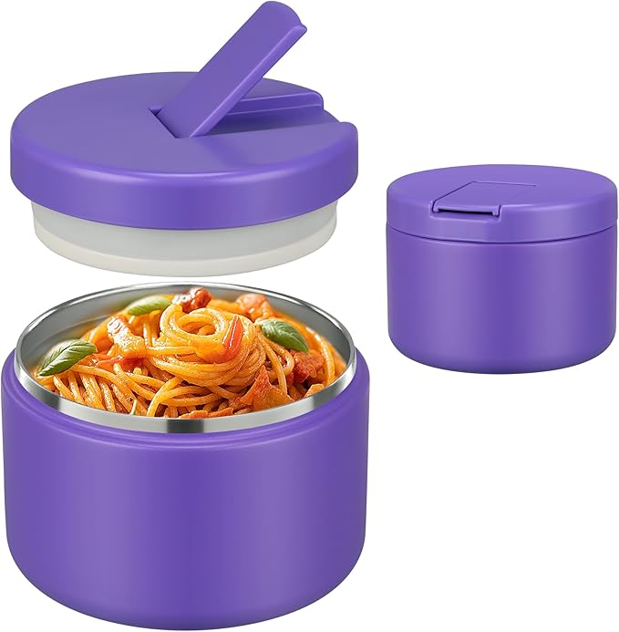 Pawtong 12oz Insulated Vacuum Food Jar with Buckle Lid Wide Mouth Soup Thermo for Hot Food Kids Leakproof Stainless Steel Lunch Container (Purple, 12OZ)