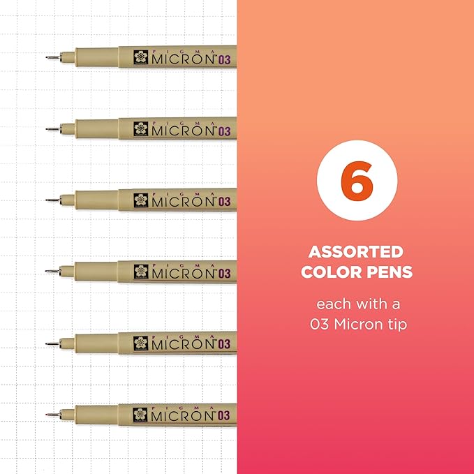 SAKURA Pigma Micron Fineliner Pens, 03 Tip Size, Archival Ass't Colors, 6 PK 50049