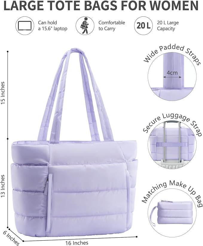 Bagstellar Puffer Tote Bag for Women, Lightweight Puffy Work Handbag Teacher Nurse Quilted Shoulder Bag for School Travel Gym | Cloud Bag w/ Zipper