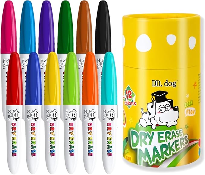 Colorful Mini Whiteboard Markers for Kids, 12 Non-Toxic Fine Tip Dry Erase Markers, Low-Odor Doodling & Drawing Pens, 3.8in Small Art Set for School & Home (12 Pack)
