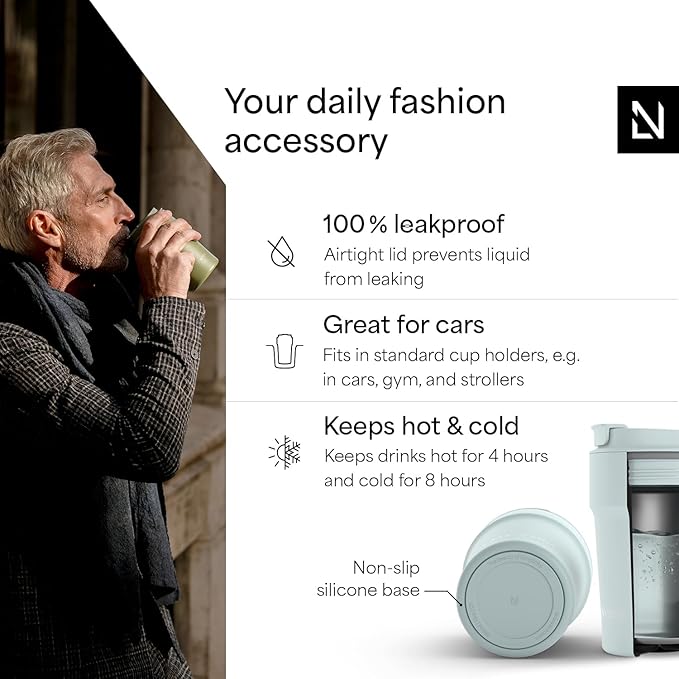 LARS NYSØM Thermo Coffee Mug to go 13oz | Travel Mug 0.38 Liter with Insulation | Silicone grip base | Leak Proof Stainless Steel Tumbler for Coffee and Tea on the Go (Powder Misty Blue, 13oz)