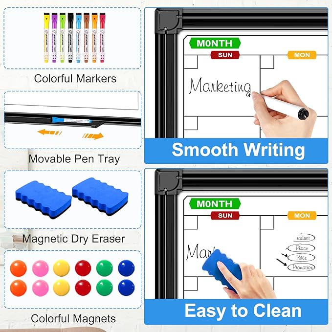 Large Dry Erase Calendar for Wall 72" x 40", 4 Month Whiteboard Calendar Dry Erase for Wall, Black Aluminum Frame Bulletin Board for Office Home and School