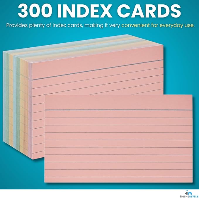 1InTheOffice 3x5 Ruled Index Cards, Assorted Pastel Colors, 300 Pack
