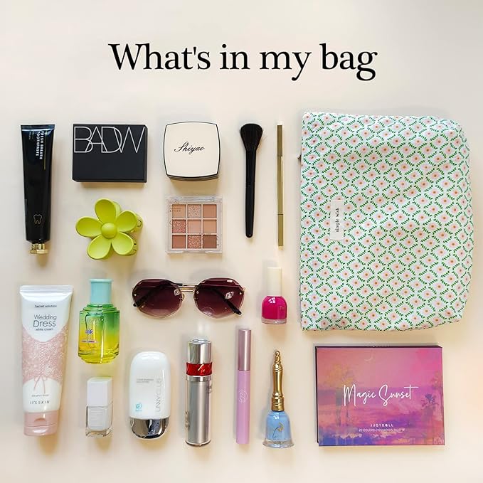 STARDW Aesthetic Floral Makeup Bag Cute Small Cosmetic Bags for Women Girls, Travel Toiletry Bag Large Capacity Zipper Makeup Pouch, Purse Organizer Pouches