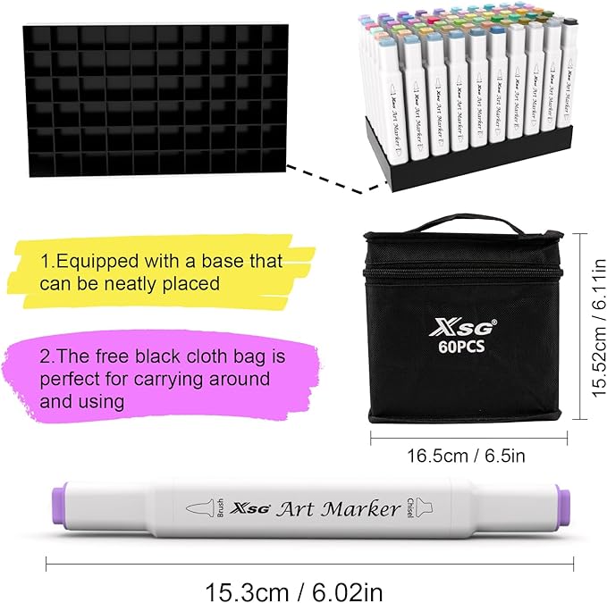 Alcohol Markers,60 Colors Dual Tip Brush & Chisel Tip Art Marker Set,for Blending & Shading,Ideal for Coloring Books and Professional Artwork,Includes Blender Pen & Portable Case,Ideal for All Ages