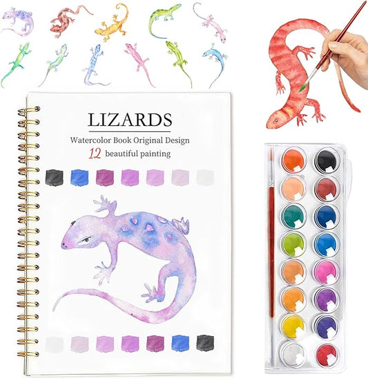 Easy Watercolor Workbook for Beginners - 12 Beautiful Step-by-Step Paintings Water Coloring Book, Includes 16 Colors Paints, Relaxing Art Projects and Creative Gift for Adults & Teen (Lizards)