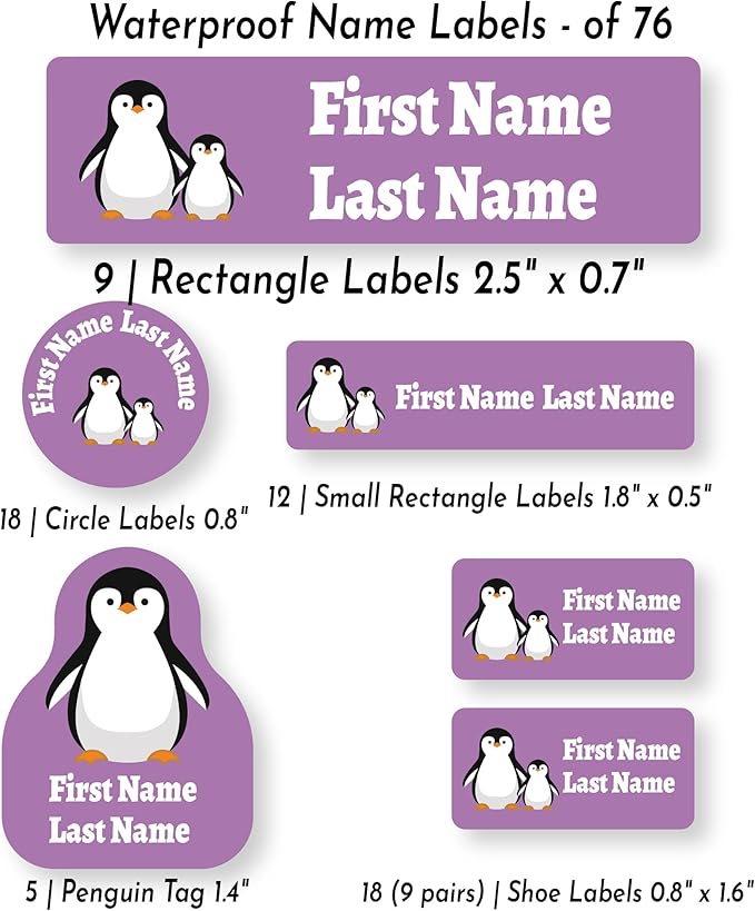 Personalized Kids Name Labels – Waterproof Custom Stickers for Daycare & School, Dishwasher & Laundry Safe (Purple Penguin)
