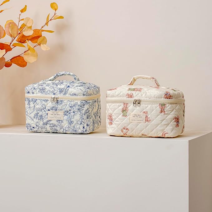 uekeboag Large Travel Quilted Makeup Bag for Women | Soft Floral Cotton Cosmetic Bag, Foldable Coquette Aesthetic Toiletry Organizer