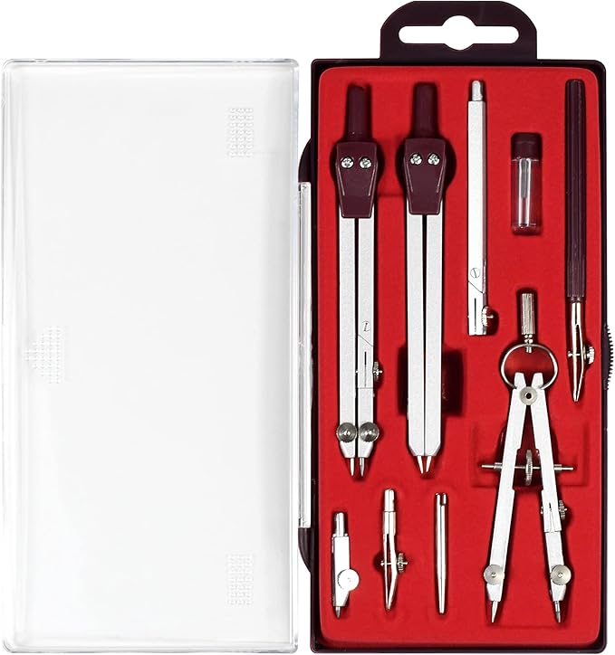 UNJOO Drawing 9Pc Geometry Set Metal Compass, Geometry Precision Tool for Student, Circle Drawing Tool and Architecture, Drafting Kits for Engineer with Shatterproof Storage Box (Red)