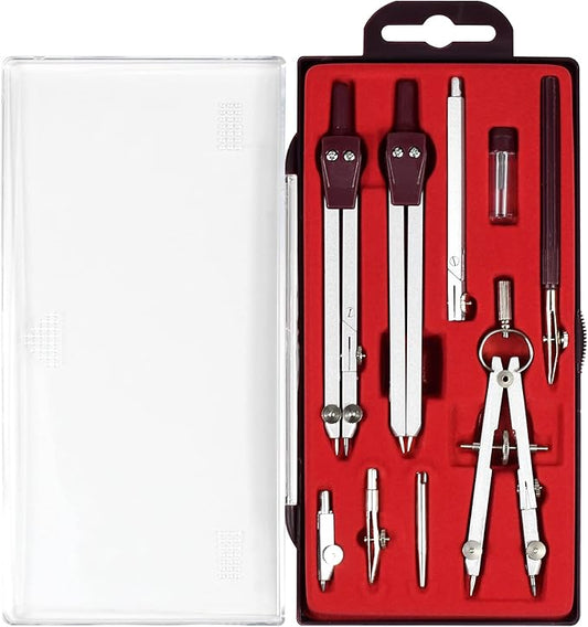 UNJOO Drawing 9Pc Geometry Set Metal Compass, Geometry Precision Tool for Student, Circle Drawing Tool and Architecture, Drafting Kits for Engineer with Shatterproof Storage Box (Red)