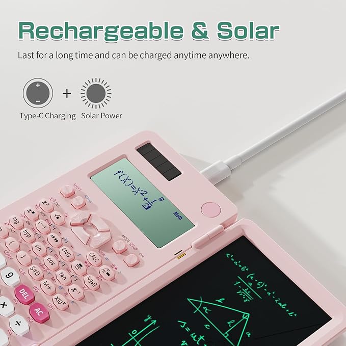 Rechargeable Scientific Calculators for Students, Pink 991ES MAX Foldable Science Calculator with Notepad 417 Function Solar Energy Science Calculators for Middle and High School Supplies (Pink)