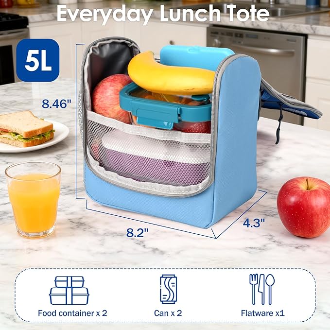 Genteen Kids Lunch Box, Insulated Lunch Bag for Kids, Toddler, Girl, and Boy; Holds Lunch Box, Water Bottle, & Snacks; Easy-Clean Water-Resistant Fabric & Multiple Zippered Pockets(Blue)