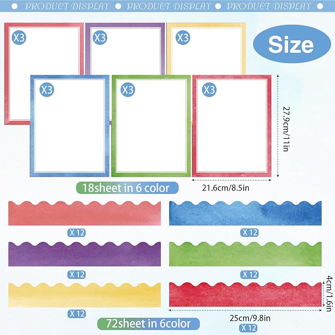 90 Pcs Science Fair Board Supplies Include 72 Trim Scalloped Bulletin Borders 18 Presentation Board Subtitles for Classroom Office Display(Watercolors)