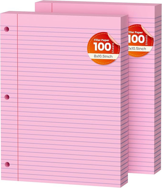Pink Loose Leaf Paper 200 Sheets Colored Filler Paper 2 Pack 8 * 10.5 College Ruled 3-Hole Punched Paper for 3-Ring Binders Notebook Lined 8" x 10.5"