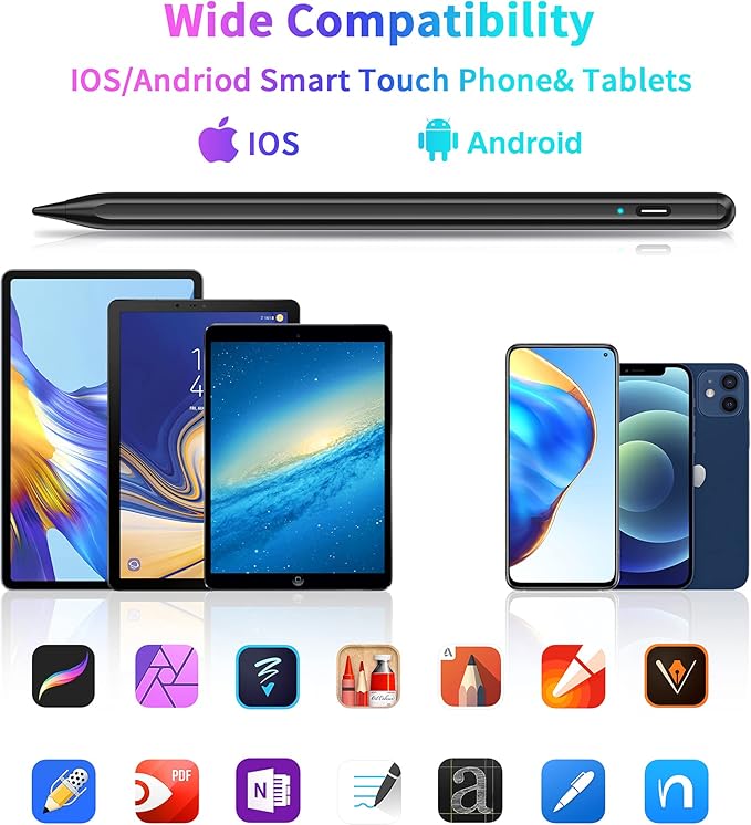 Stylus Pen for Touchscreen, Compatible with iPhone/iPad/Samsung Galaxy Tab A9+ & Android & iOS Phones Tablets, Rechargeable Stylist Pencil High Sensitivity Precision for Drawing Writing, Fast Charge