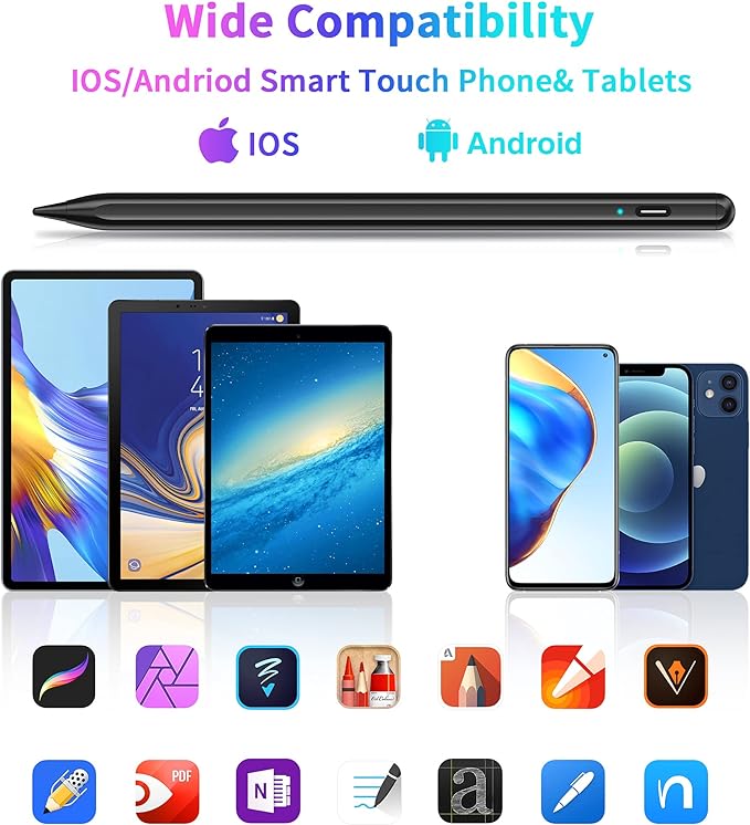 Stylus Pen for Touchscreen, Compatible with iPhone/iPad/Samsung Galaxy Tab A9+ & Android & iOS Phones Tablets, Rechargeable Stylist Pencil High Sensitivity Precision for Drawing Writing, Fast Charge