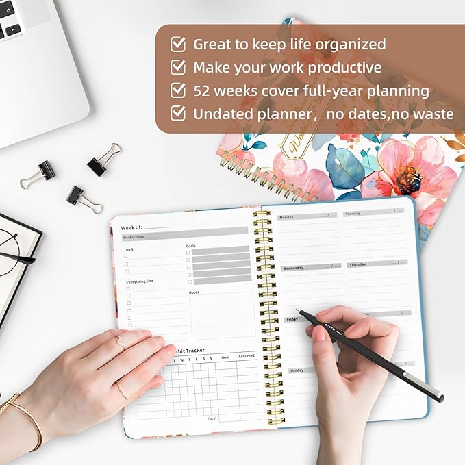 Weekly Planner Undated - 52 Weeks To Do List Notebook A5 for Work: Weekly Task, Habit Tracker Journal, Goal Setting, Agenda Sprial Bound Organizer Book for Women Cute Stylish Design, Peony