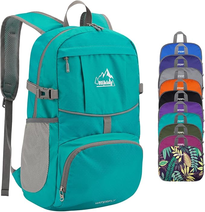 WATERFLY Hiking Packable Daypack Backpack: 25L Ultra Lightweight Day Pack for Women Men - Small Compact Folding Back Pack for Outdoor Sport Cycling Camping Travel Trip - Turquoise
