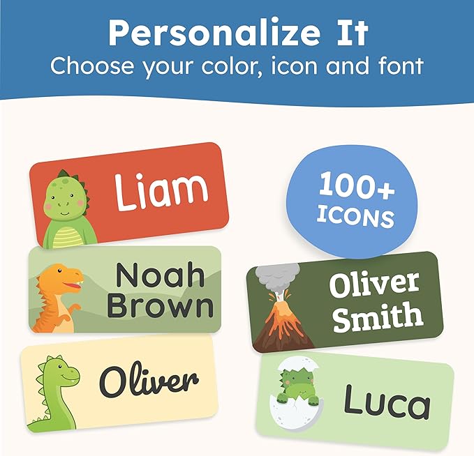 Personalized Name Labels for Kids (210 Labels) - Durable & Waterproof Custom Name Stickers for Clothing Tags, School Supplies, Camp & Daycare - Jurassic (1.2”x0.5”)