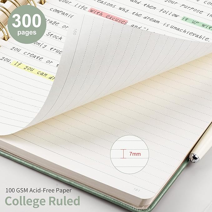 EMSHOI A4 Spiral Notebook College Ruled, Large 8.27"x11.2", Thick 300 Numbered Pages 100GSM Ink-Proof, Faux Leather Hardcover Lay-Flat Lined Journal for Work Office School Writing, Light Green