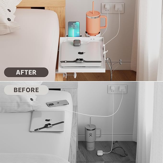 Magheo Bedside Shelf Foldable, Metal Clip-On Bed Shelf for Top Bunk Heavy Duty Bed Side Table Tray for College Dorm Essentials, Loft Nightstand Organizer Tray with Removable Cup & Phone Holder(White)