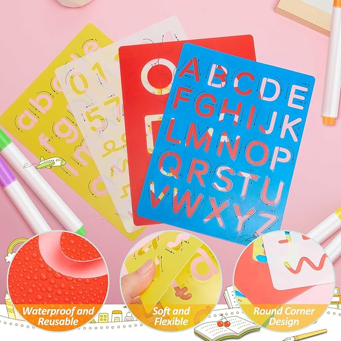 Gersoniel 10 Pieces Preschool Letters and Numbers Alphabet Stencils Colorful Double Sided Tracing Board PET Paint Boards with Craft Markers Marker Paint Pens Preschool Learning Toys