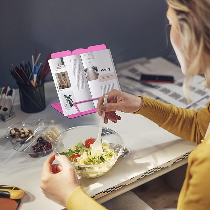 Honagu Book Stand Metal Desk Book Holder, Book Holders for Reading Hands Free, Adjustable Cookbook Documents Holder, Portable Bookstand for Music Books, Textbook, Recipe, Tablet, Ipad (Rose Red)