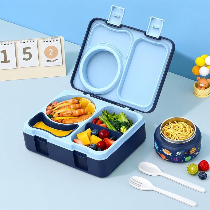 Kids Insulated Lunch Box with 8OZ Thermo Food Jar | Leakproof Bento Box with Ice Pack Sauce Cup Utensils Removable Tray & Dividers for School Daycare Travel, Space