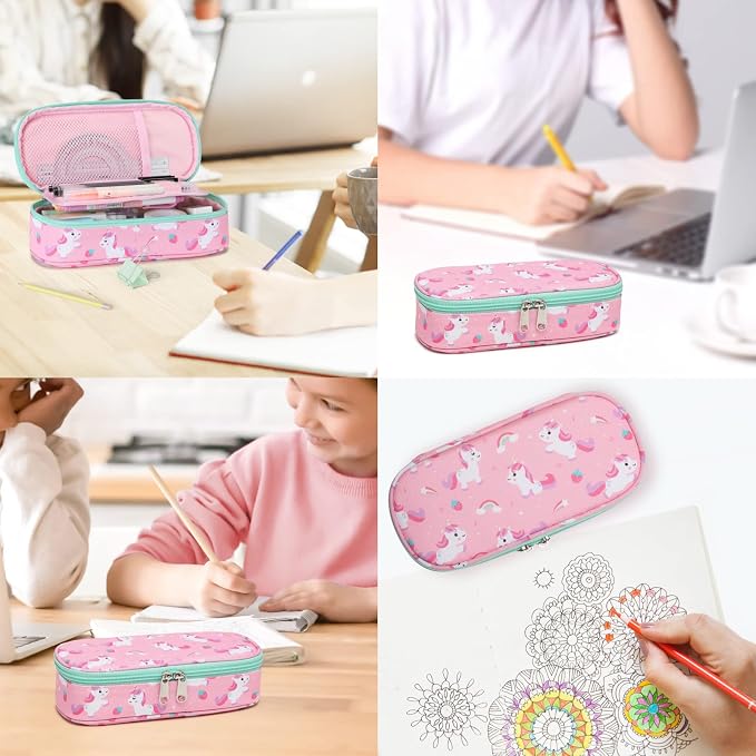 Cambond Pencil Case for Girls - Large Capacity Multi-slot Kids Pencil Pouch Holder for School, Long-lasting Cute Pencil Box for Girls Kids, Pink Unicorns