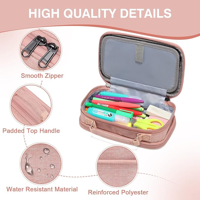 VASCHY Pencil Case, Large Pencil Pouch with Compartments for Middle School,Work,Office Pen Organizer Holder School Supply Pink