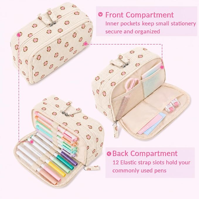 Sooez Big Capacity Pencil Case Pen Pouch, Soft Corduroy Pencil Bag with 3 Compartment, Multiple Pockets, Sturdy Zipper, Cute School Supplies Pen Bag Organizer For Teen Girls-Pink Leopard Print