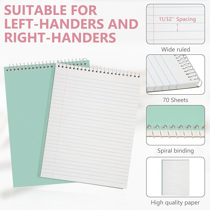 Resurhang 6 Pack 8.5 x 11'' Top Bound Office Steno Book Wide Ruled Double Sided Spiral Notebooks Reliable White Paper 70 Sheets/Pad Pastel Colors Covers for Writing School Notes(Bohemian Color)