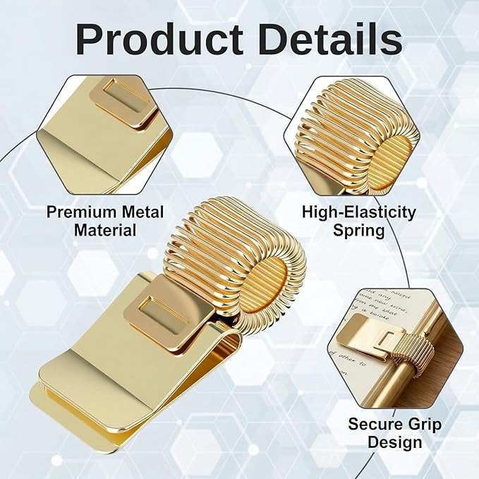 Chedin 5 Pack Gold Metal Pen Clip Holder, Portable Adjustable Spring Pen Loop Organizer for Notebook & Clipboard, Suitable for School Office, Home