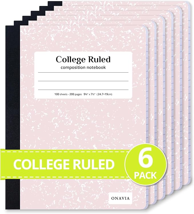 ONAVIA Composition Notebook College Ruled 6 Pack, 200 Pages (100 Sheets), 9-3/4 x 7-1/2, Marble Composition Books Bulk, Notebooks for School, Work, Office, Durable Comp Book, School Supplies, Pink