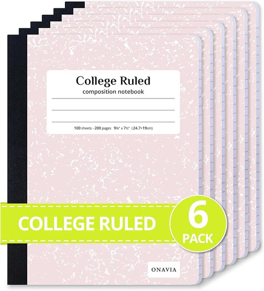 ONAVIA Composition Notebook College Ruled 6 Pack, 200 Pages (100 Sheets), 9-3/4 x 7-1/2, Marble Composition Books Bulk, Notebooks for School, Work, Office, Durable Comp Book, School Supplies, Pink