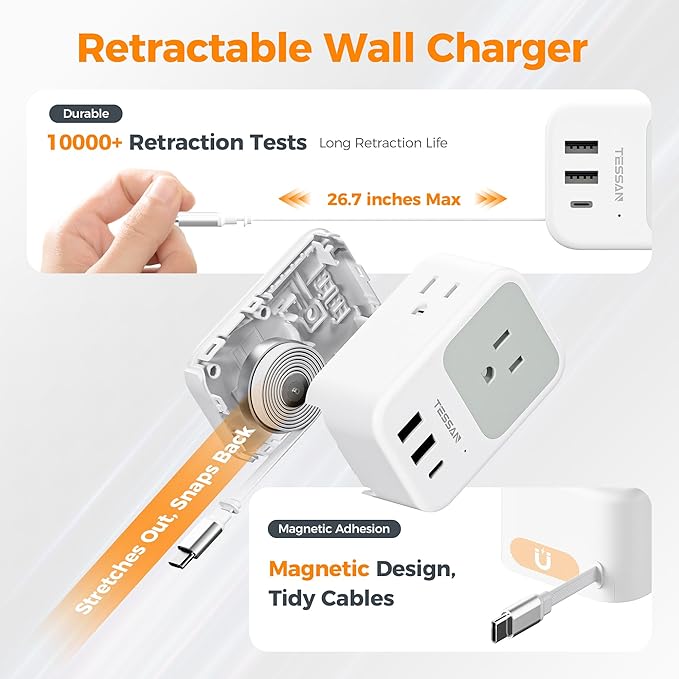 TESSAN USB C Charger Block, Multi Plug Wall Outlet Extender with 3 USB, Retractable USB-C Cable, 3 Side Multi Port Adapter for Cruise, Bathroom, Office, Dorm Essentials